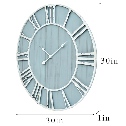 Large Farmhouse Wall Clock 30 Inch Vintage Blue Wooden Wall Clock with Quiet Ticking and Minimalist Roman Numerals for Bedroom Living Room Office Kitchen Home Decor
