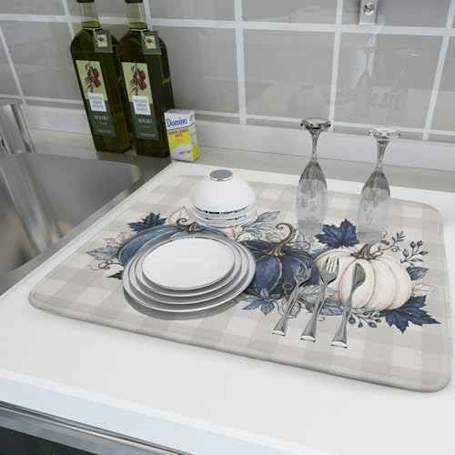 Fall Dish Drying Mat for Kitchen Counter Blue White Pumpkins Grey Plaid Super Absorbent Reversible Microfiber Kitchen Countertop Protector Dishes Pad Large 18x24 inch