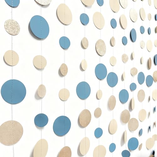 Champagne Gold Dusty Blue Beige Circle Dot Garland Hanging Paper Polka Dot Streamer for Men Birthday Wedding Bridal Shower Retirement Engagement Bachelorette Party Decorations Supplies