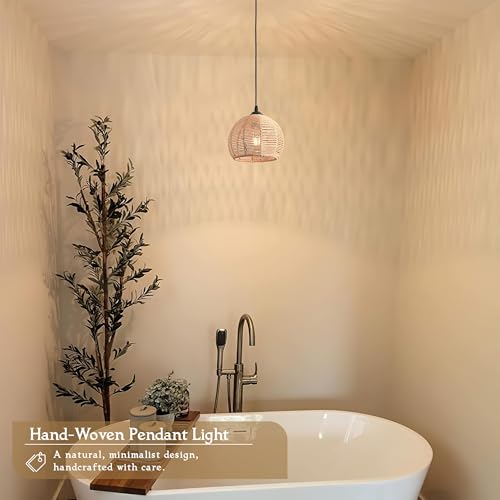 Mini Hemp Rope Woven Pendant Light Woven Light Fixture Boho Chandelier Light Fixture Wicker Pendant Light Rattan Light Pendant Dome Wicker Chandelier for Bedroom Kitchen Island