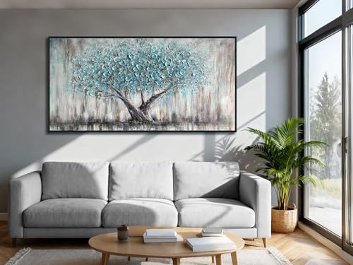 Framed Blue Tree Canvas Wall Art Large Tree of Life Painting 48"x24"