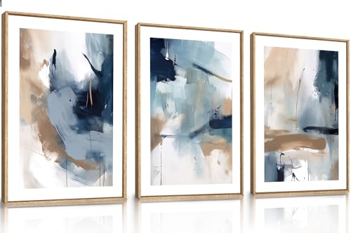 Large Abstract Navy Blue Framed Canvas Wall Art (3 Count)