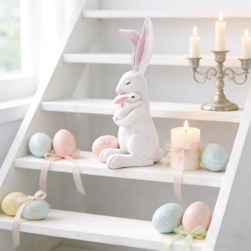 Easter Bunny Figurine Cartoon Cute Mother and Child Rabbit Desk Display Ornament Cute Rabbit Mom Holding a Little Rabbits Resin Easter Statue for Home and Office Tabletop Decor Supplies