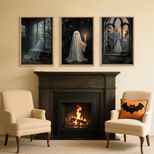 Large Halloween Cute Ghost Framed Canvas Wall Art Set