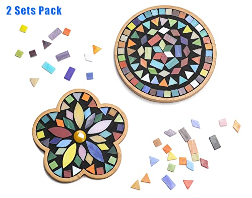 2 Sets of DIY Mosaic Craft Kits Mosaic Tiles Coaster Kit Make Your Own Mosaic Project Handmade Craft Set with Stained Glass Mosaic Tile Pieces for Decoration and Gift (12 Count)