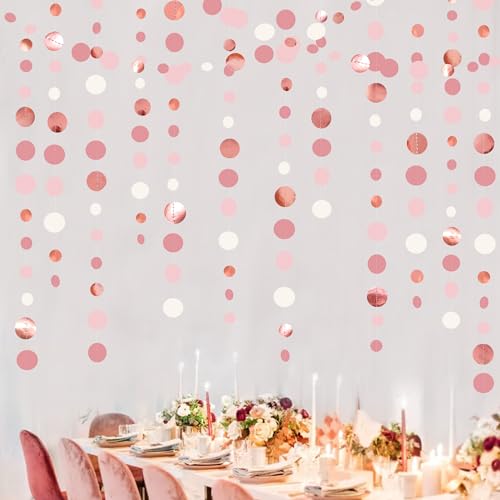 Rose Gold Party Decorations Dusty Pink Circle Dots Garland Blush Pink Hanging Paper Polka Dot Streamer for Birthday Wedding Bridal Shower Bachelorette Engagement Anniversary Party Supplies