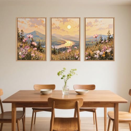 Large Boho Sunset Wildflower Framed Canvas Wall Art