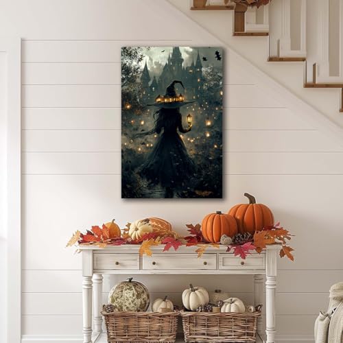 Halloween Witch and Haunted House Canvas Wall Art