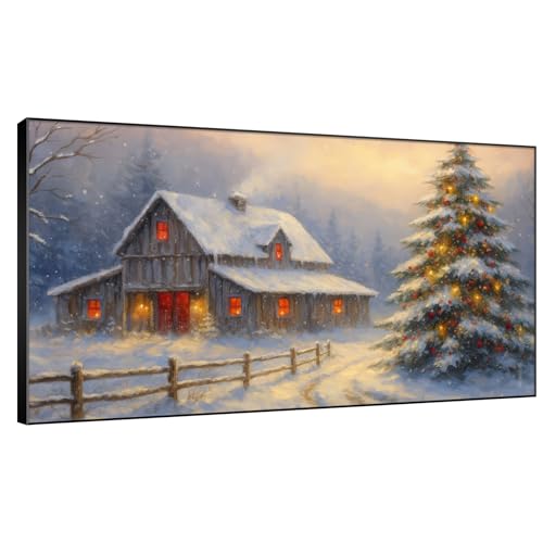 30"x60" Extra Large Framed Wall Art Rustic Winter Cabin with Christmas Tree and Snowy Landscape for Home Living Room Bedroom Decor