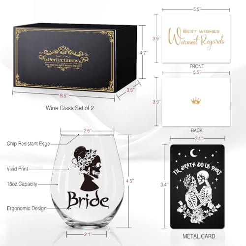 Gothic Halloween Wedding Bride Groom Wine Glass with Gift Box