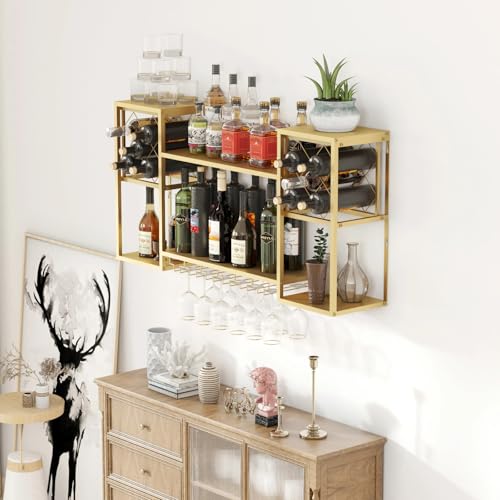 Wall Mounted Wine Rack with Glass Holder for Home Bar Storage