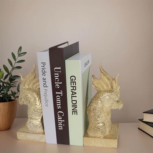 Gold Parrot Decorative Bookends for Heavy Books Bookshelf Decor (2 Count)