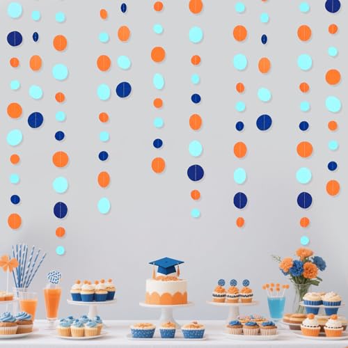 46 Ft Navy Blue Orange and Teal Circle Dots Garland Royal Blue Orange Aqua Polka Dot Hanging Paper Streamer for Birthday Wedding Bridal Shower Outer Space Galaxy Theme Party Decorations Supplies