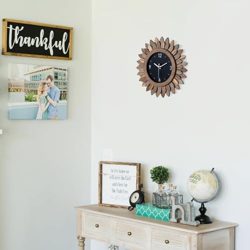 Wall Clock Battery Operated 12 in Rustic Wood Boho Sunburst Decorative Wall Clock Silent Non Ticking Farmhouse Small Wall Clocks for Living Room Kitchen Bathroom Bedroom Decor