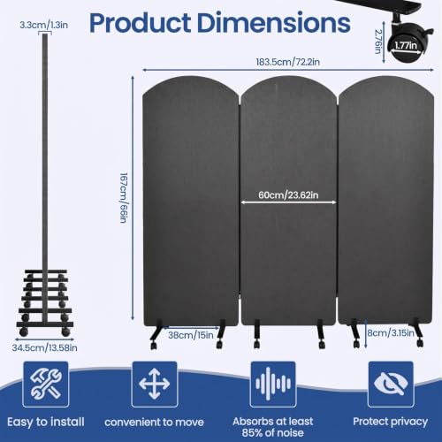 72 x 66 Inch 3 Panel Soundproof Room Divider with Wheels