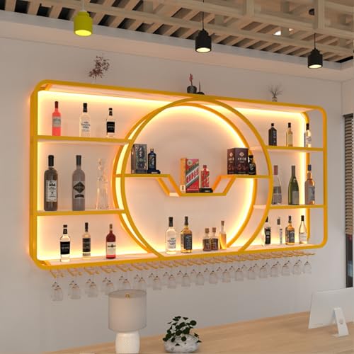 3 Tiers Metal Wine Rack Wall Mounted Modern With LED Light With Wine Glass Holder Large Liquor Bar Display Shelf