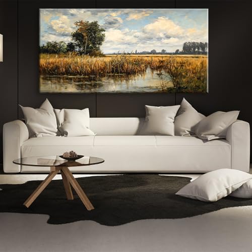 Beautiful Wilderness Meadow Canvas Wall Art Oil Painting Reproduction Print Vintage Wildflower Field Scenery Countryside Landscape Tree Rustic Retro Decor Artwork Country Farmhouse Living Room 58x28 Inches