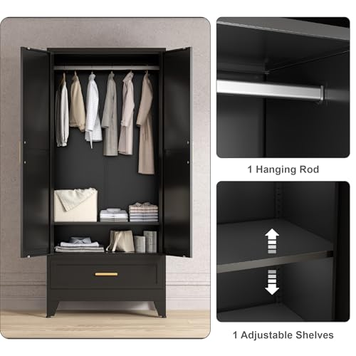 71'' Black Farmhouse Metal Wardrobe Cabinet with Hanging Rod