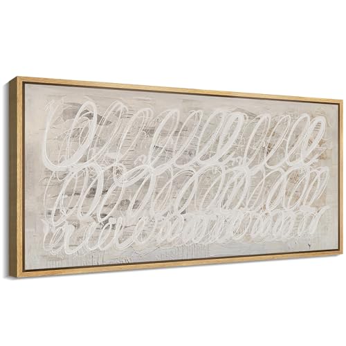 Extra Large Framed Canvas Print Wall Art White Abstract Calligraphy Antique Retro Fine Art Illustrations Decorative Colorful for Bedroom