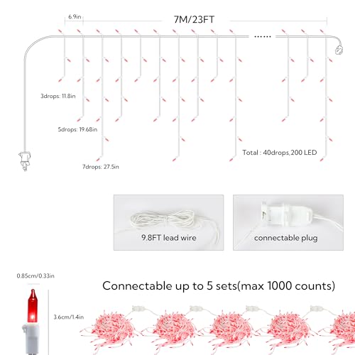 23 FT 200 Count Red Icicle Lights