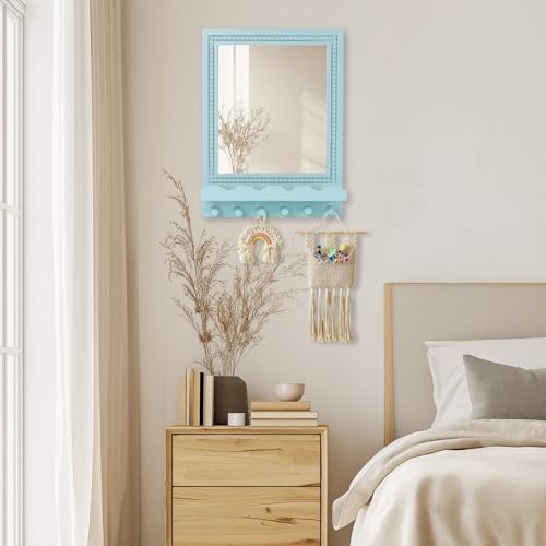 16x12 Inch Wall Mount Beaded Wood Framed Mirror with Shelf and 6 Hooks