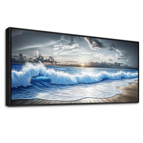 Wall Art Blue Ocean Wave Scenery Painting 32"X72" Black Frame