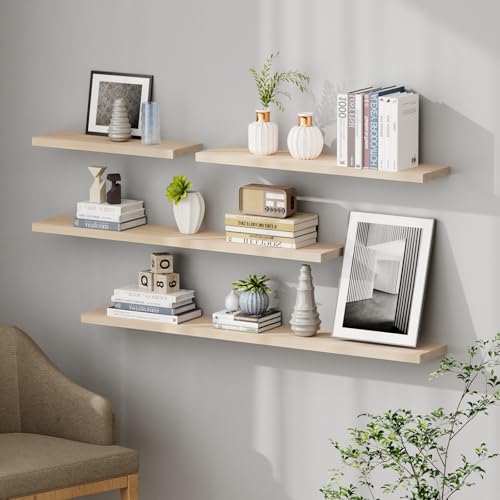 Floating Shelves 8 Inch Deep Solid Wood Wide Wall Shelf Set of 2 Wall Mounted for Bedroom Bathroom Living Room Kitchen (2 Count)
