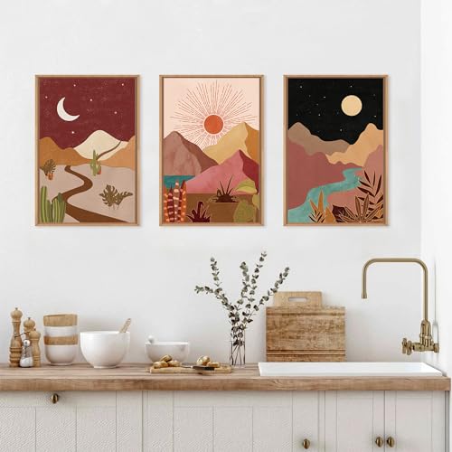 Large Boho Southwest Mountain Framed Canvas Wall Art (3 Count)
