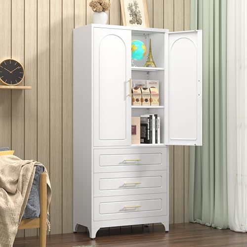 75" Tall White Metal Pantry Storage Cabinet with 3 Drawers
