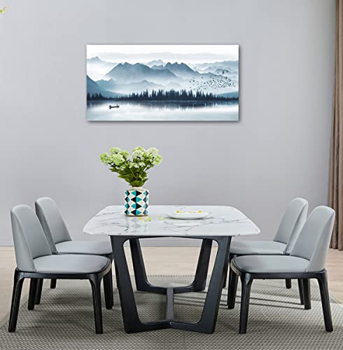 Indigo Canvas Wall Art Misty Mountain Wall Pictures Foggy Lake Boat Painting Print Blue Forest Birds Artwork Wall Decor for Living Room Wall Decorations Framed Ready to Hang 29" x 58"