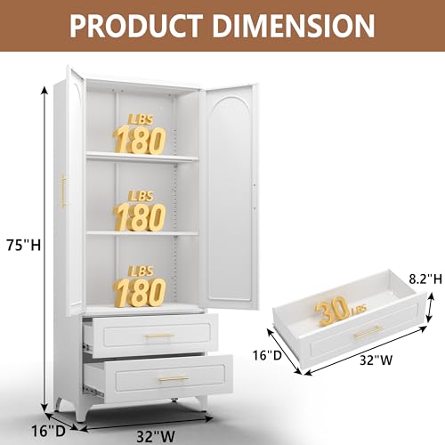 75" Tall White Metal Pantry Storage Cabinet with 2 Drawers