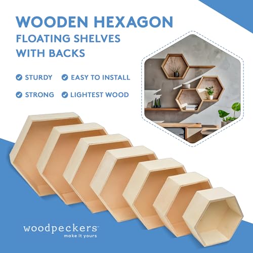 Wooden Hexagon Floating Shelves with Backs (14 Count)