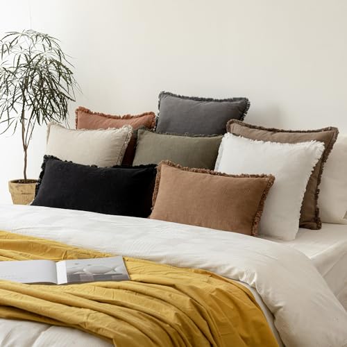 Decorative Linen Fringe Throw Pillow Covers 16×16 Inch (2 Count)