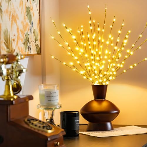 2 Pack Led Branch Light Battery Operated Lighted Branch Vase Filler Willow Tree Artificial Little Twig Power Golden 30 Inch 20 LED for Home Romantic Decoration (2 Count)