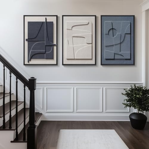 Large 3D Textured Framed Blue White Abstract Wall Art Set (3 Count)