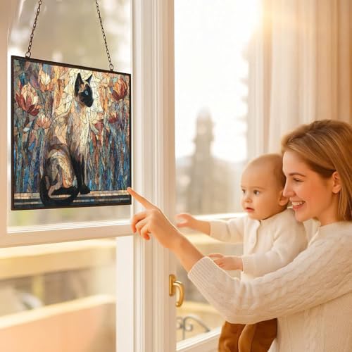 Customized Rectangle Mosaic Siamese Cat On Windowsill Stained Glass Window Hanging Sun Catcher Halloween Haning Ornament Decoration Christmas Birthday Gifts for Lover