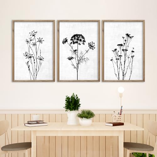 Flower Plant Wall Art Decor 16"x11" Set of 3 Black And White