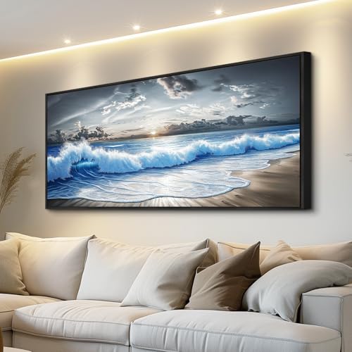Wall Art Blue Ocean Wave Scenery Painting 32"X72" Black Frame