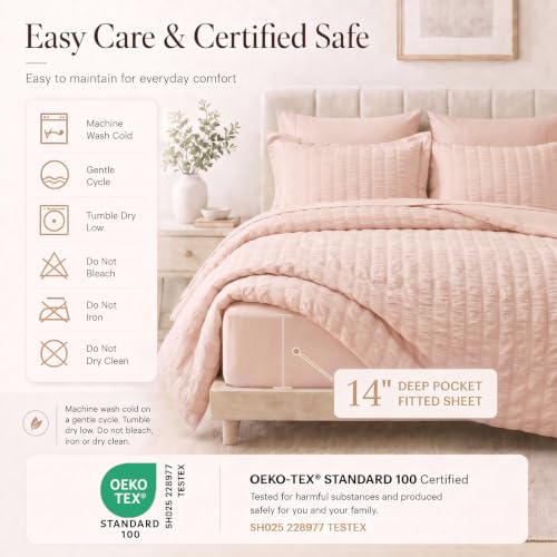 Full Size Comforter Set 7 Pieces Blush Pink Seersucker Bed in a Bag