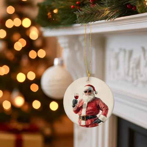 Santa Claus Wine Bar Christmas Ceramic Ornament