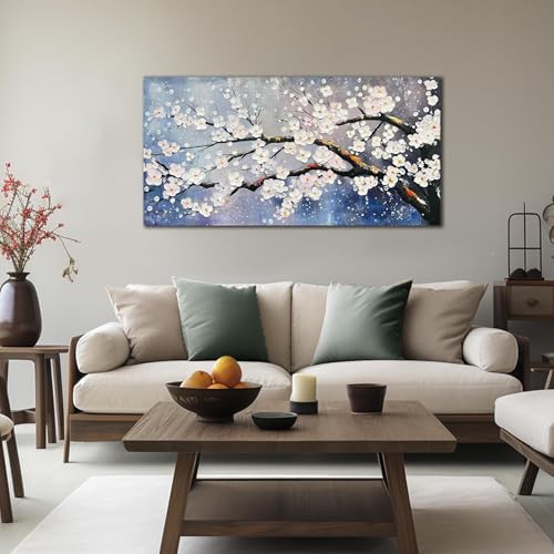 Plum Blossom Painting Wall Art For Living Room Blue And White Wall Art For Office Women Modern Art Wall Decor Bedroom Size 20 x 40 Inch