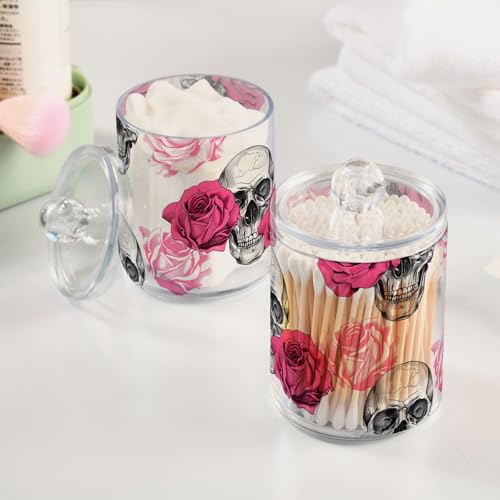 2 Pack Qtip Holder Dispenser Skull Rose Flower Bathroom Storage Canister Lid Acrylic Plastic Apothecary Jar Set Vanity Makeup Organizer for Cotton Swab (2 Count)