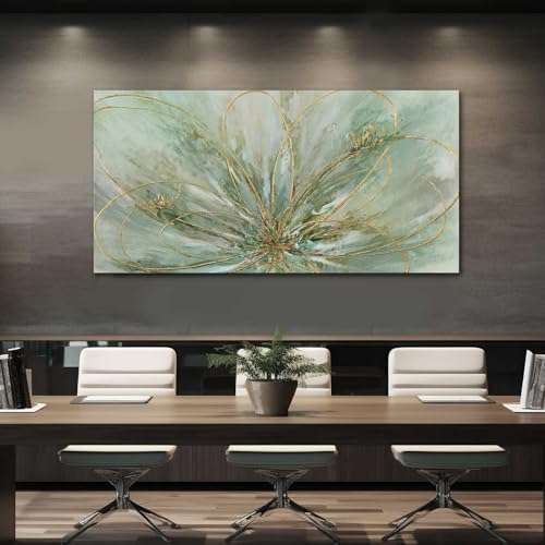 Green Flowers Canvas Wall Art Modern Paintings with Gold Foil Abstract Nature Wall Decorations for Home Office Living Room Bedroom 24" x 48"