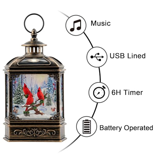 Christmas Snow Globe Water Glittering Cardinal with Music