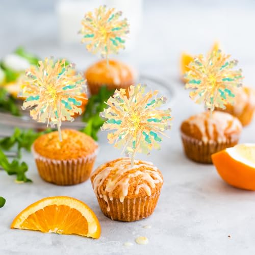30Pcs Foil Firework Cupcake Toppers Sparkle Tinsel Drink Birthday Cake Decorations Cocktail Food Fruit Toothpick for New Years Wedding Birthday Party Decorations Yellow (30 Count)