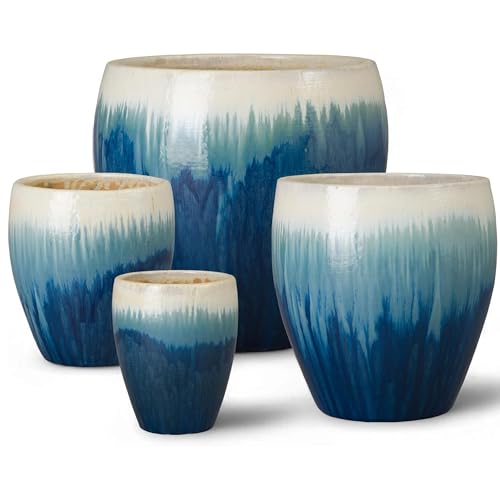 13in., 16in., 19in.,23.5in. H Blue Snow Stoneware Round Planters with High-fire Treatment (Set of 4) (4 Count)