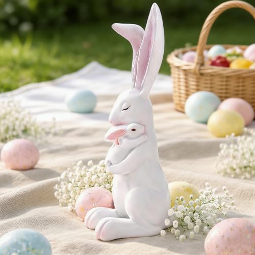 Easter Bunny Figurine Cartoon Cute Mother and Child Rabbit Desk Display Ornament Cute Rabbit Mom Holding a Little Rabbits Resin Easter Statue for Home and Office Tabletop Decor Supplies