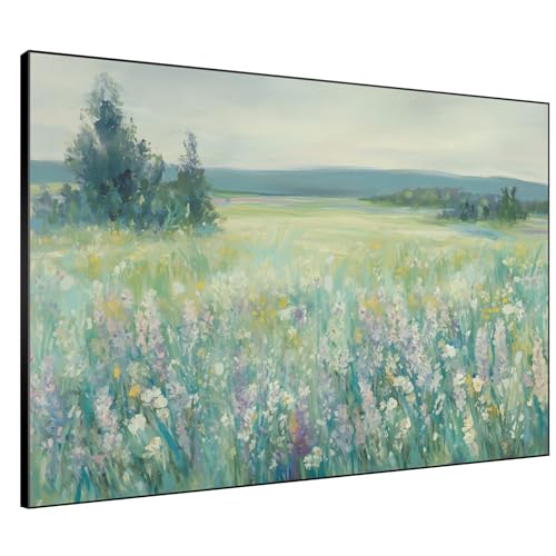 46"x60" Extra Large Framed Wall Art Wildflower Meadow Landscape Soft Pastel Nature Illustration for Home Living Room Bedroom Decor
