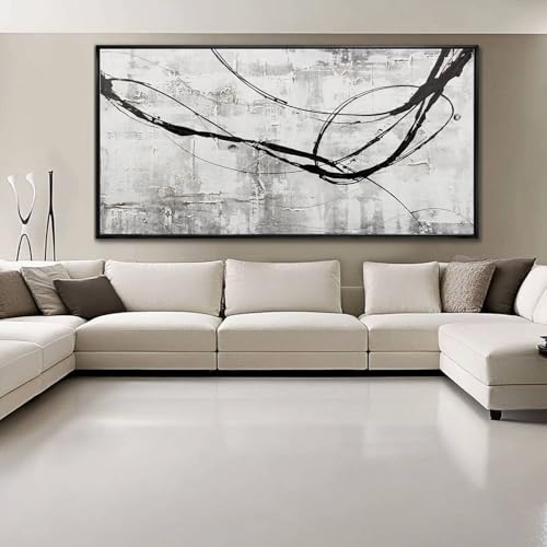 Black Line Canvas Pictures Gray Decorative Painting 29"x58" Wood Wall Art Modern Art Prints Abstract Wall Art for Living Room Wall Pictures for Bedroom