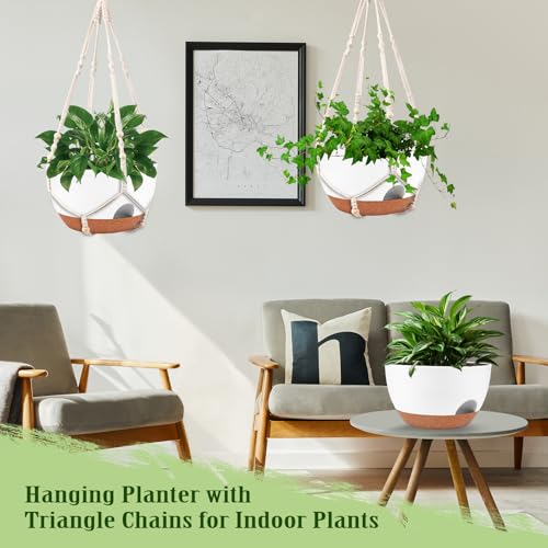 10 Inch Self Watering Hanging Planters with Metal Chain & Macrame Hangers (2 Count)